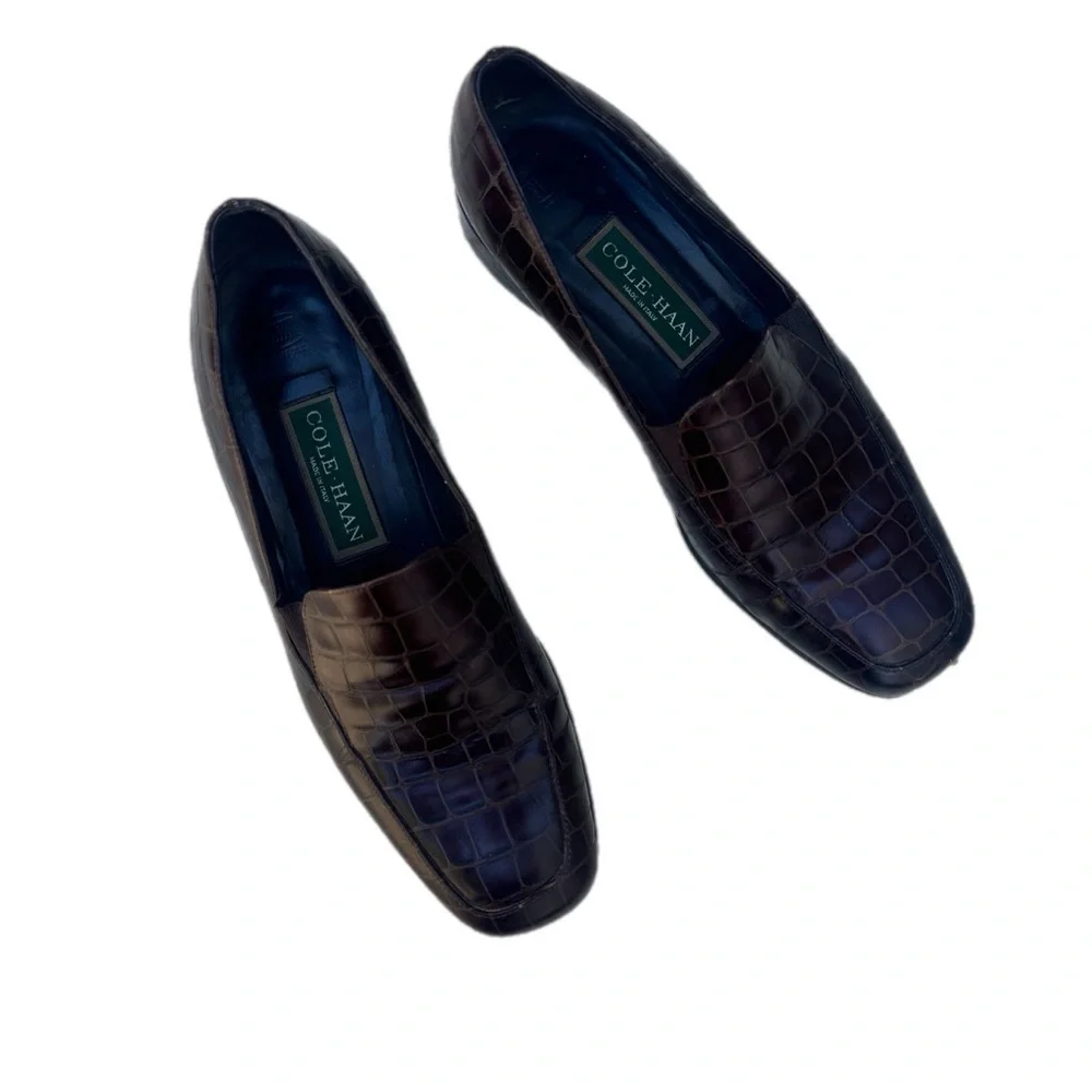 Vintage Cole Haan Croc-Embossed Leather Loafers – Brown Slip-On Dress Shoes, 7